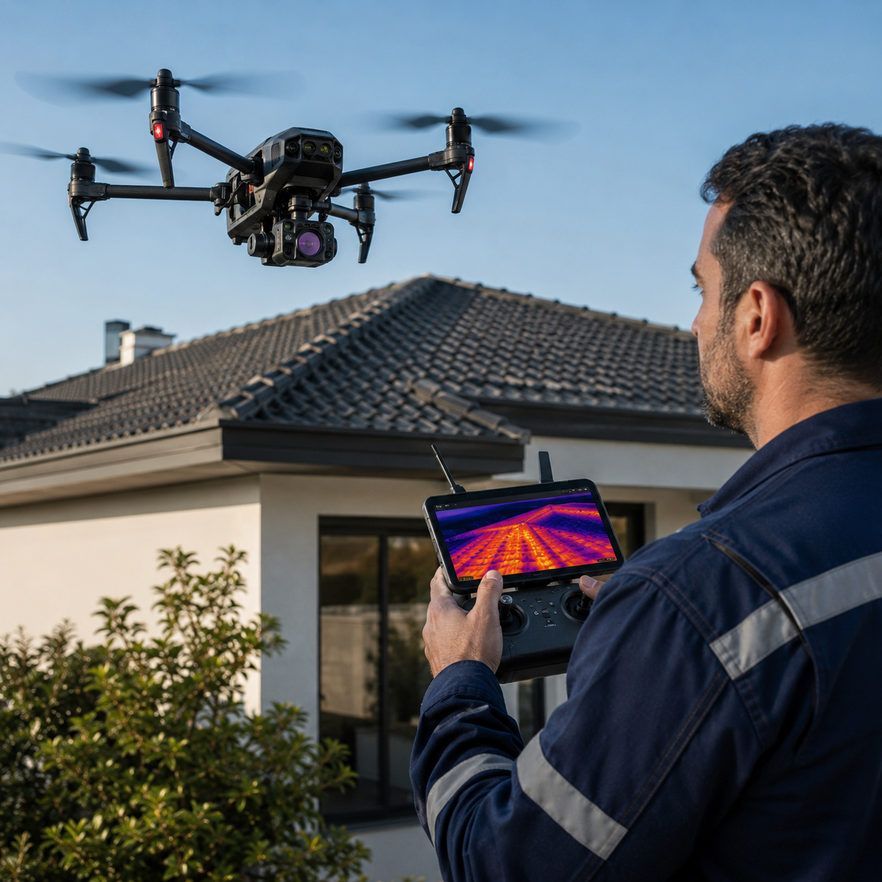 Drone com câmera térmica inspecionando telhado