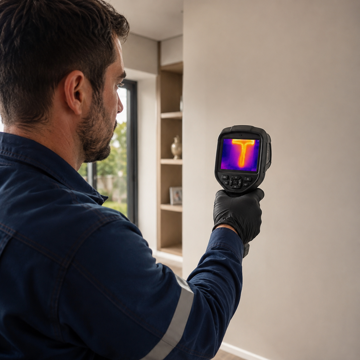 Técnico usando câmera termográfica para detectar vazamento em parede