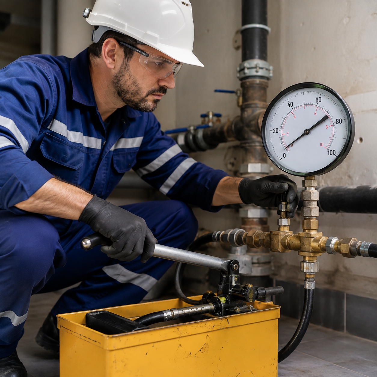 Teste de estanqueidade e pressurização em tubulação